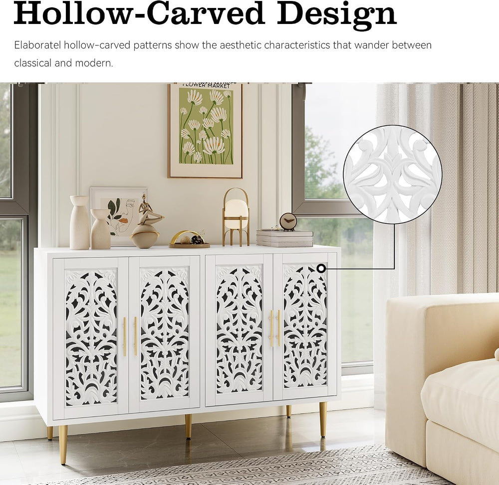 ARTPOWER 47.8" Vintage Accent Cabinet with 4 Hollow Carving Doors, White