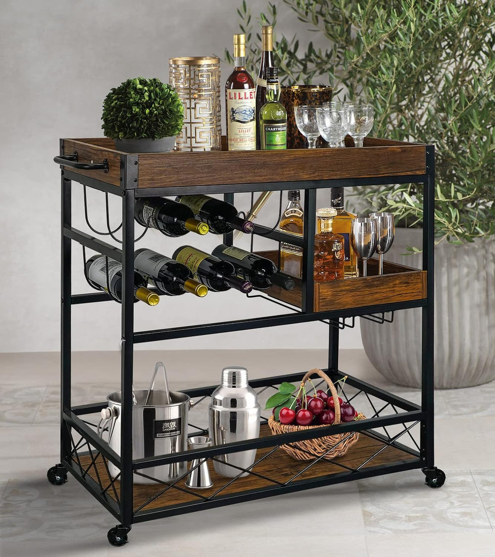 Bar Cart Industrial Mobile Kitchen Serving Carts for Home 3 Tier Storage Trol...