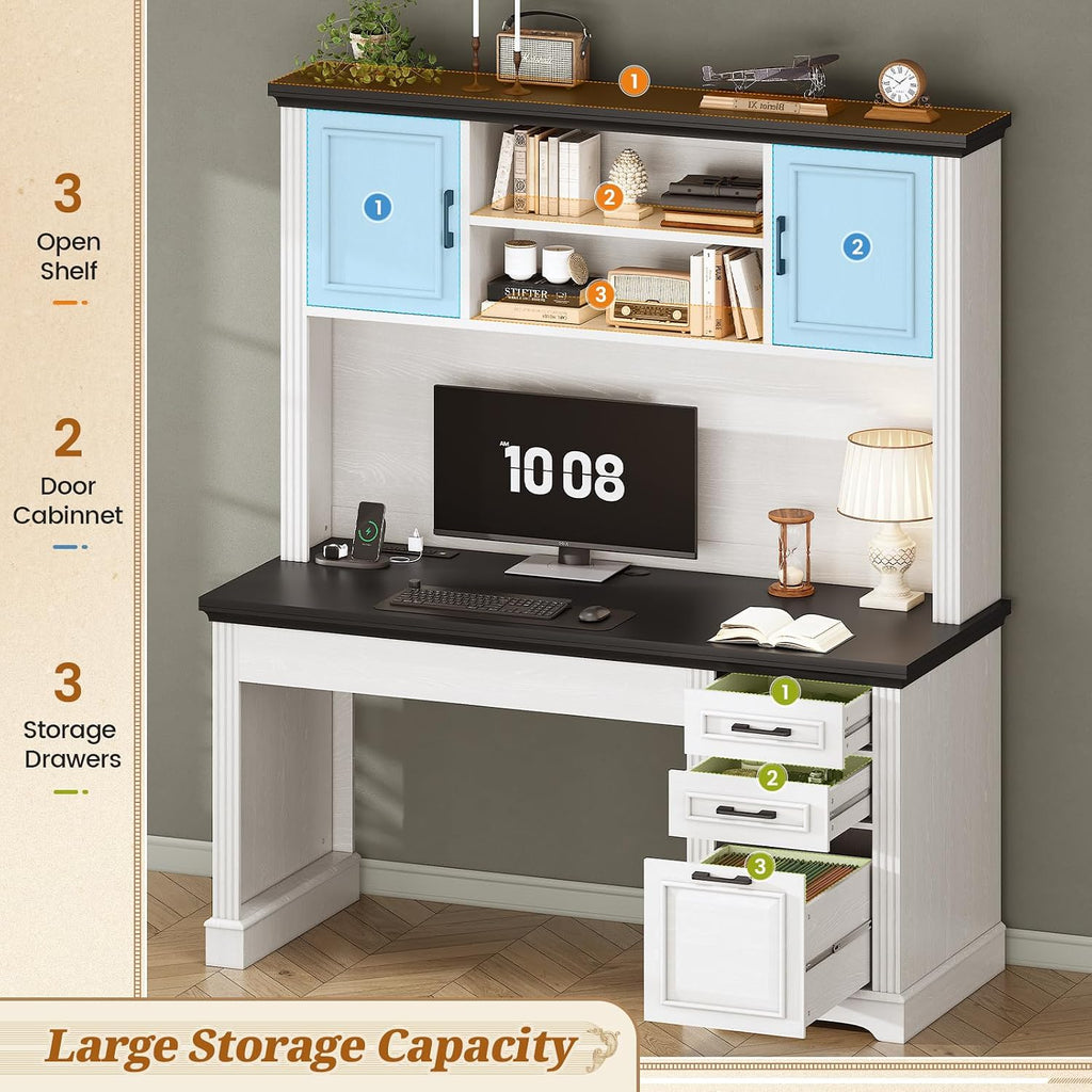 SEDETA Farmhouse Computer Desk with Hutch and 3 Drawers, 47.2" Executive Office Desk with Storage Drawers, Wood Desk with Power Outlet for Home Office, White