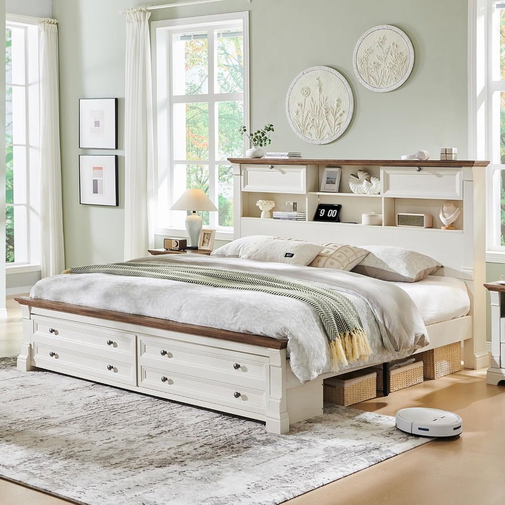 Farmhouse King Size Bed Frame with 2 Drawers & 4 Bookcases On The Headboard