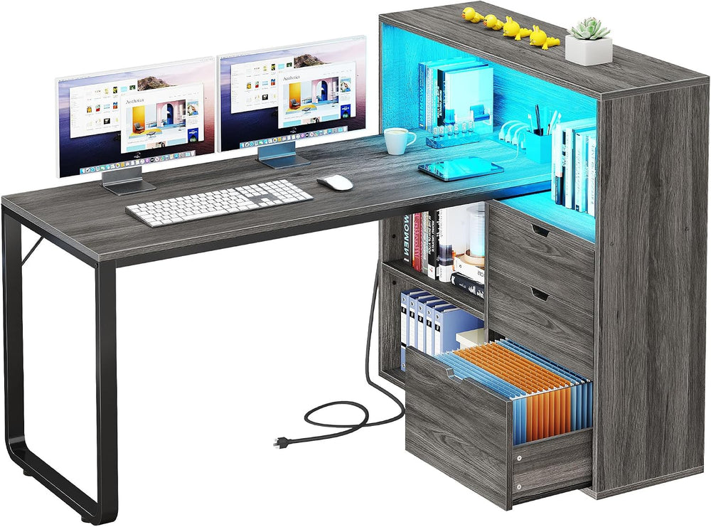 YITAHOME 55" L Shaped Corner Computer Desk with Drawers & Power, Grey