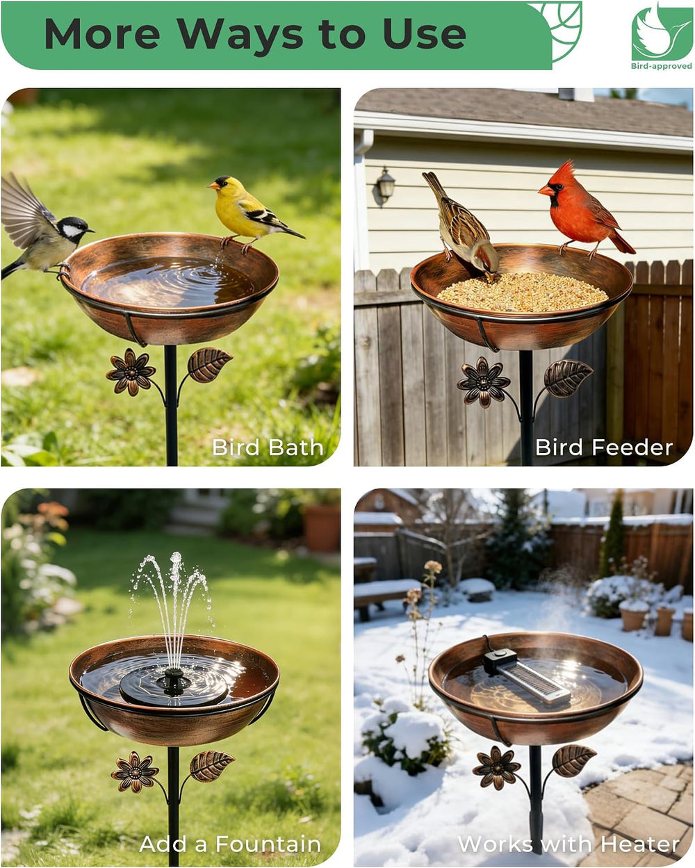 12" Metal Bird Bath for Outside, 3" Deep Bowl with 5-Prong Stake