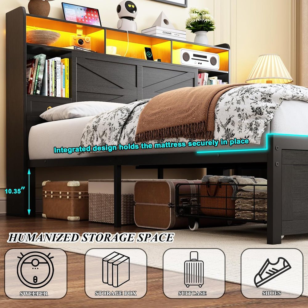 Full Bed Frame with Storage Headboard, Farmhouse Platform Bed Frame with Book...