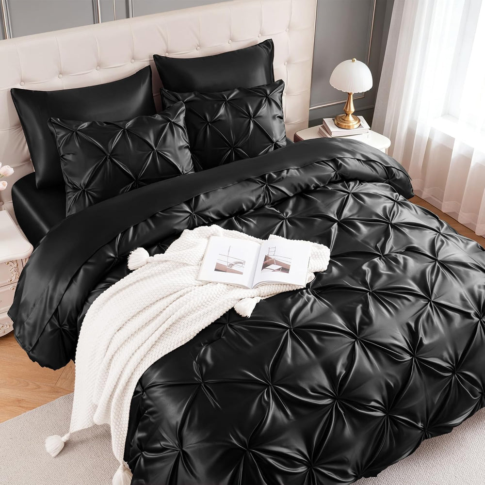 MR&HM Satin King Size Comforter Set Black, 7-Piece Pintuck Bed in A Bag
