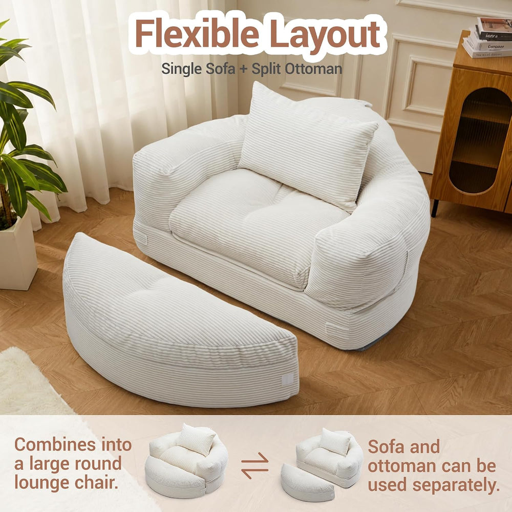 63''Round Chaise Lounge Chair with Footstool,Plush Seating(Beige)