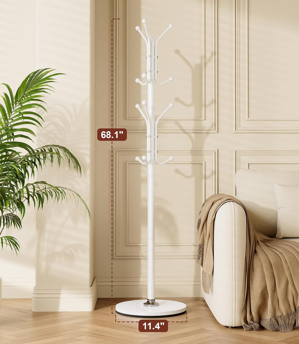 Coat Rack with 12 Hooks, Freestanding Coat Tree with Sintered Stone Base, Sturdy Metal Coat Stand for Hats, Purses & Jackets, Ideal for Entryway, Bedroom, Office & Closet, 11.4" x 11.4" x 68.1", White