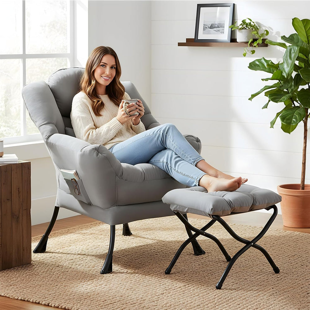 Furlide Lazy Chair with Ottoman, Modern Lounge Chair with Lumbar Pillow, Acce...