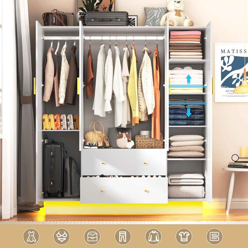 chartustriable 4 Doors Armoire Wardrobe Closet with Mirror, LED Armoire with ...