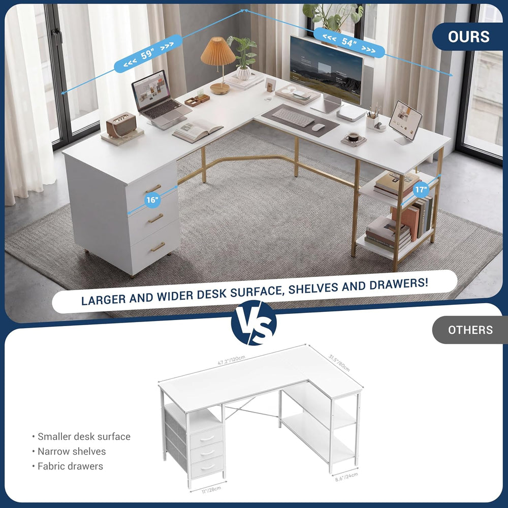 Techni Mobili 59" Two-Tone L‑Shaped Office Desk with Storage Shelves, Gold