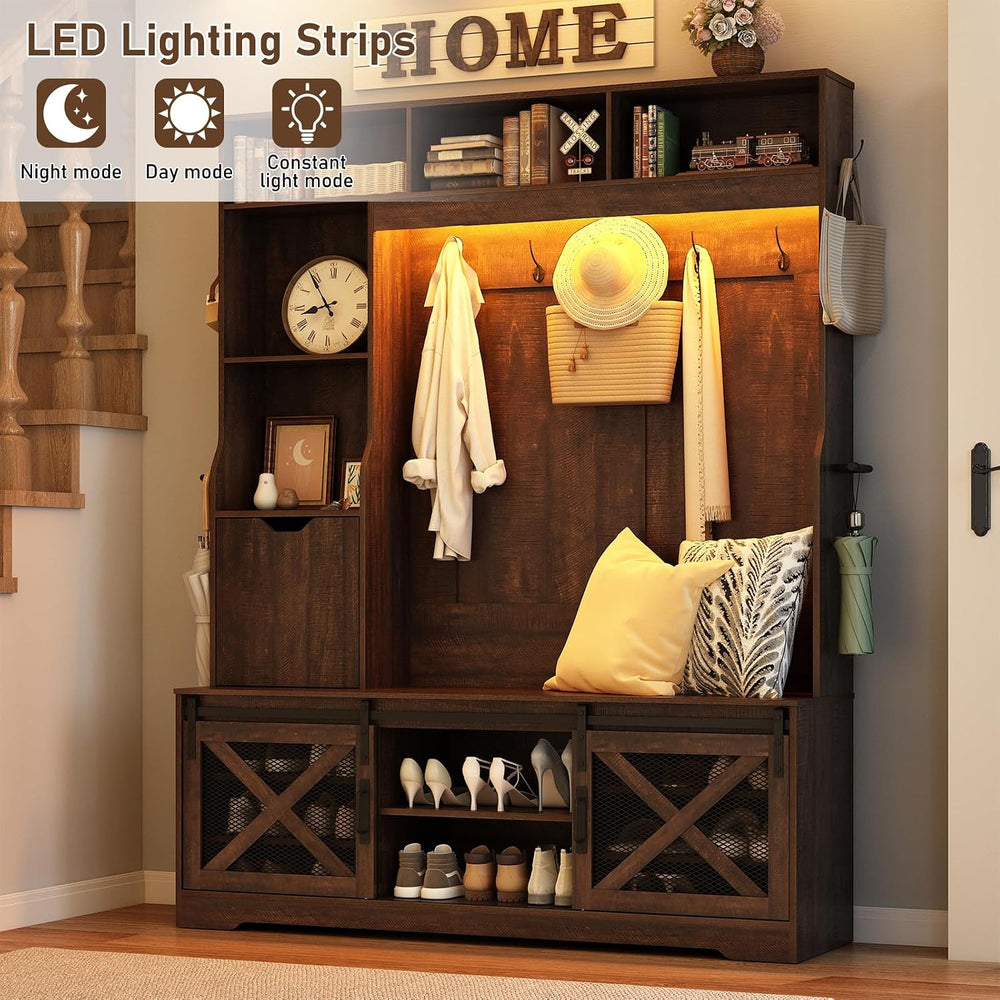 75''H 59''W Large LED Farmhouse Hall Tree with Bench and Shoe...