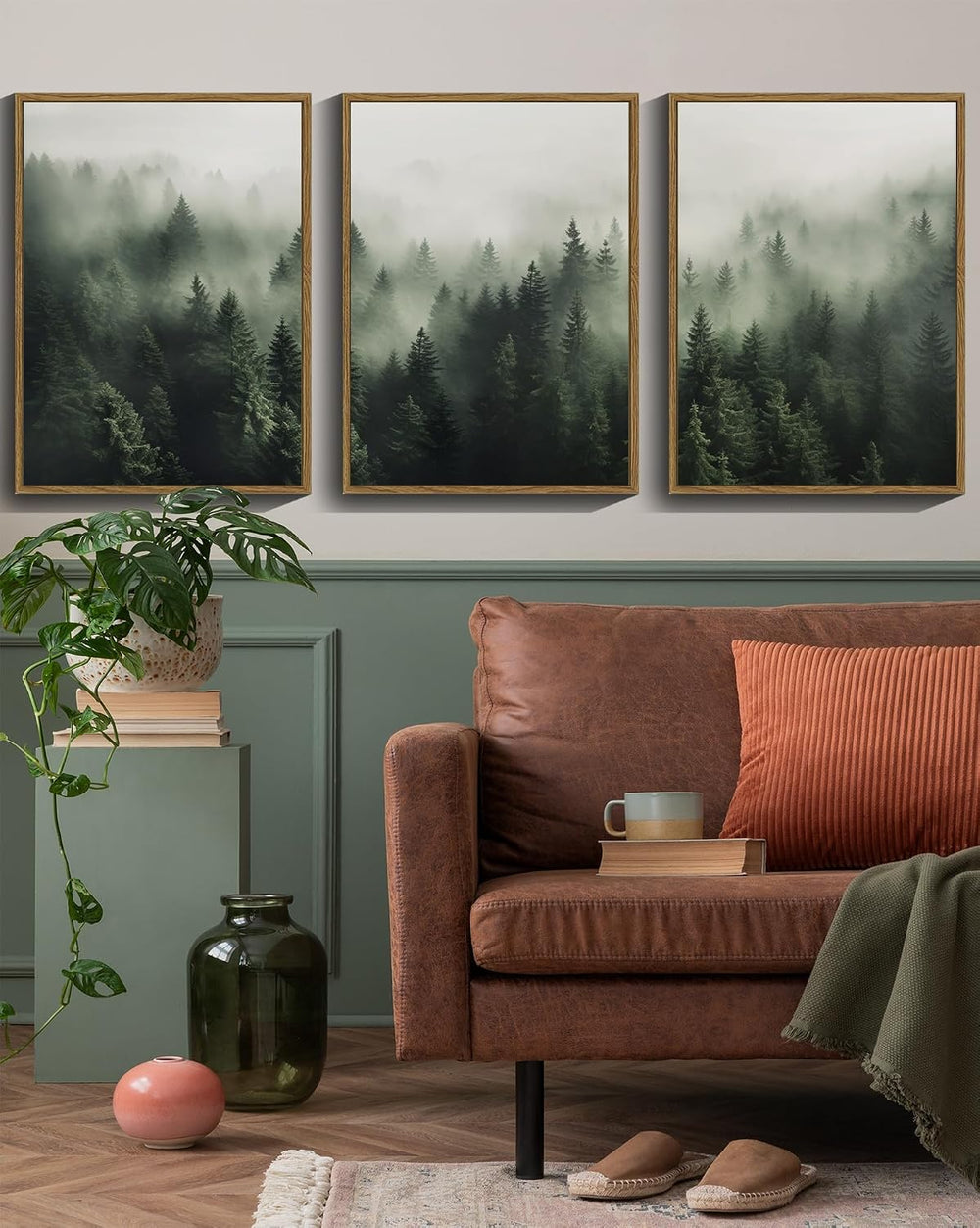 SHENIFY Green Fog Pine Tree Forest Canvas Wall Art 11x14in Framed Modern Artw...