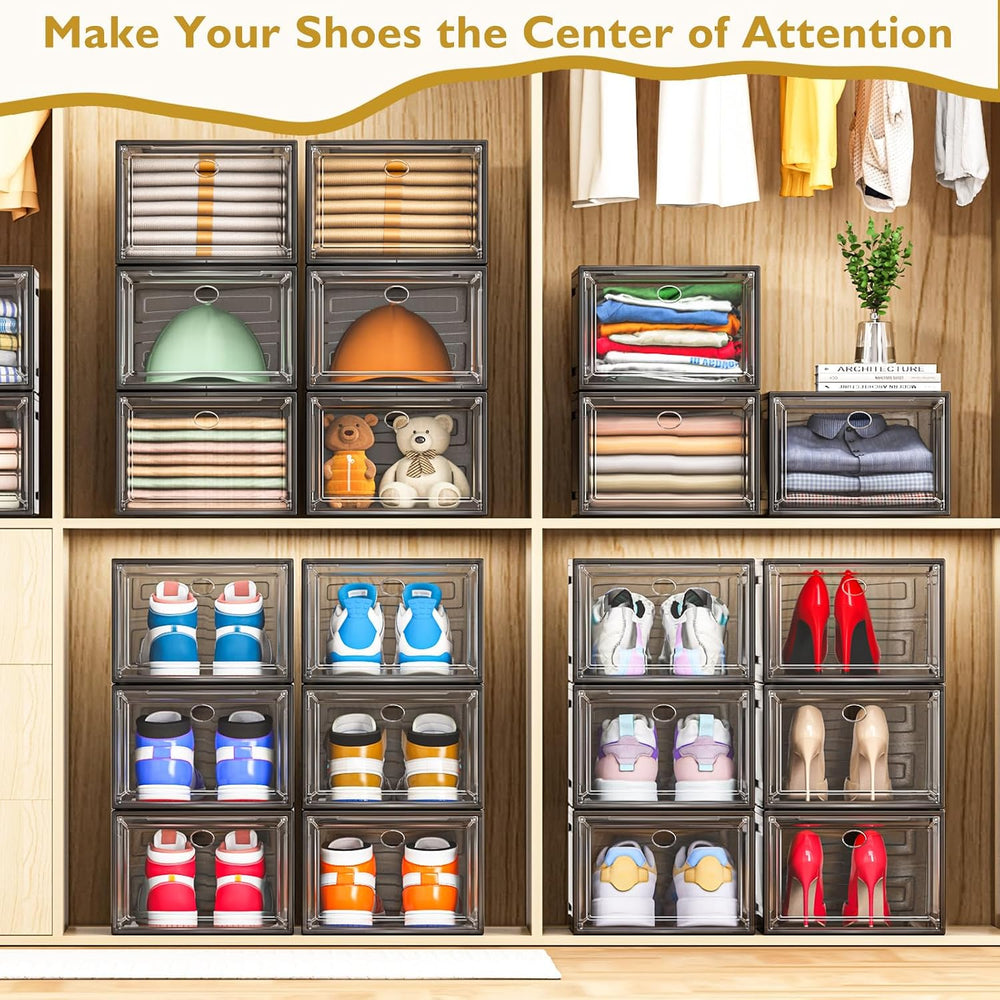 Large Thick Clear Shoe Organizer, Magnetic Door Stackable Shoe Storage Box