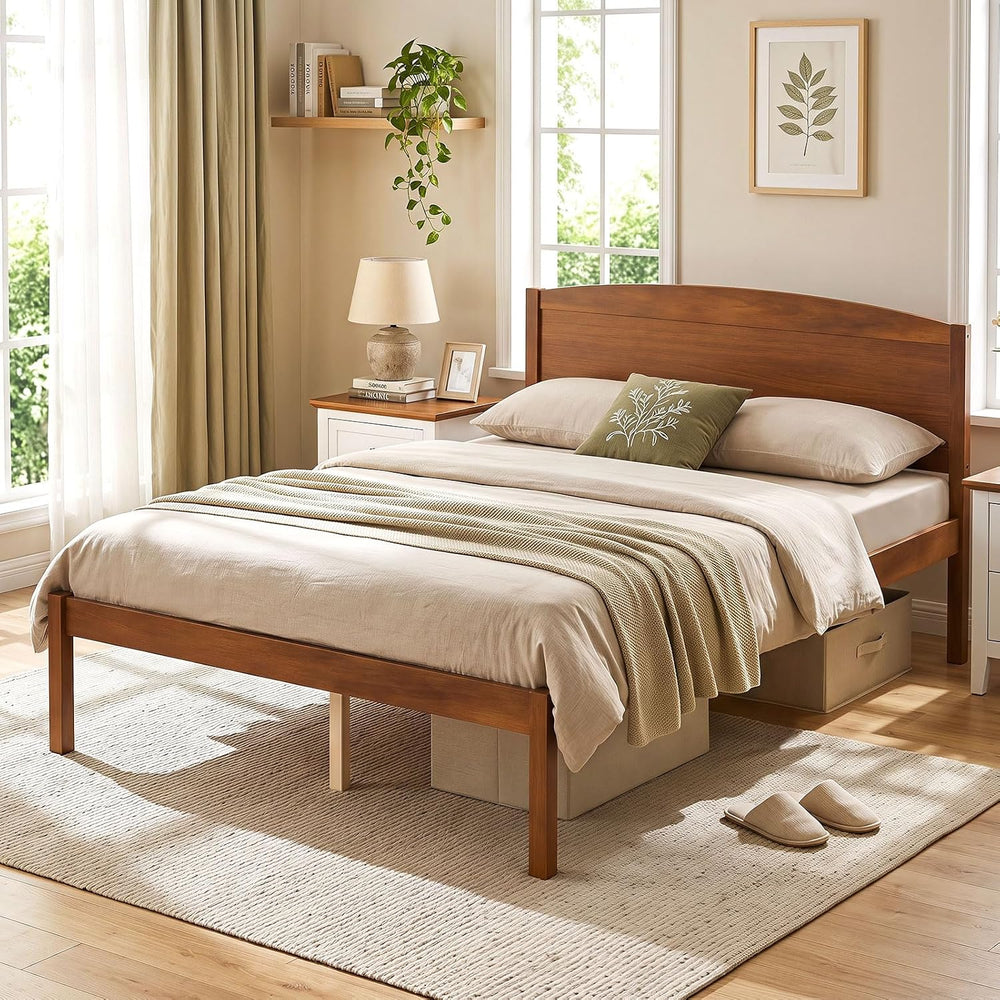 GIANTEX Full Size Wooden Bed Frame with Curved Headboard, Wood Slat Support