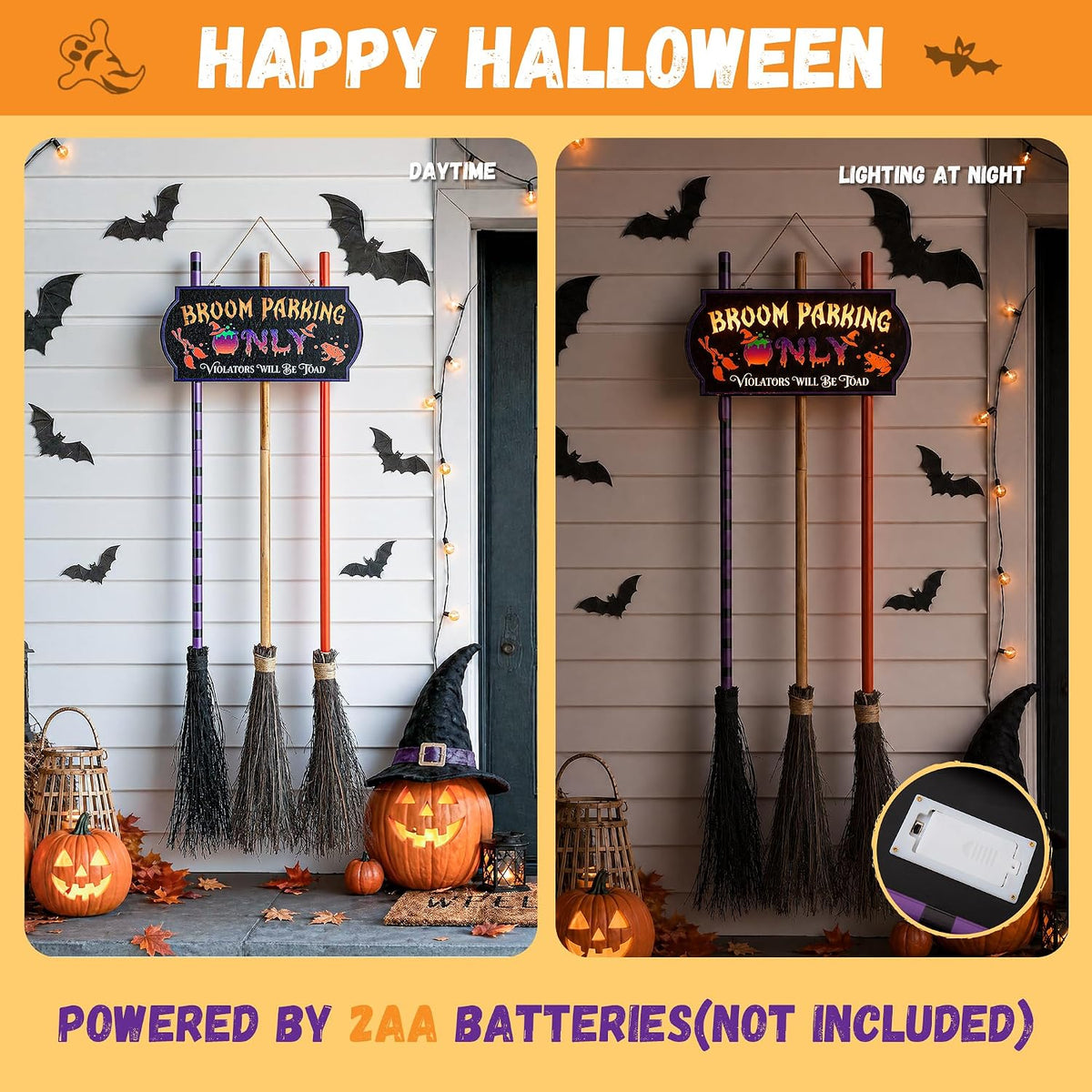 ELAMAS Halloween Decorations Light-up Broom Parking Only Sign with 3 Witch Brooms, Violators Will Be Toad Funny Witch for Indoor Wall Outdoor Front Porch Yard Party Decor or Home Office Living Room