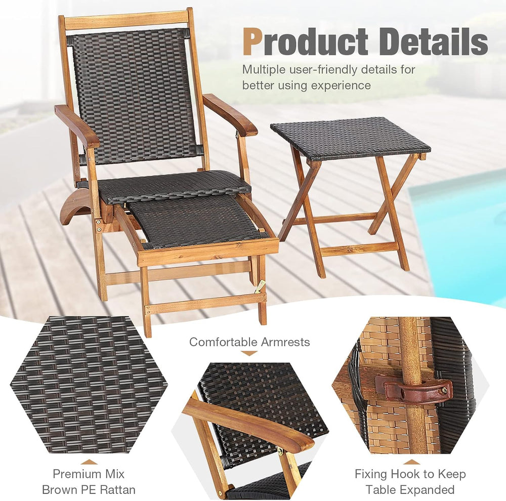 RELAX4LIFE Patio Chaise Lounge Chair Set of 3, Acacia Wood Folding Rattan Wic...