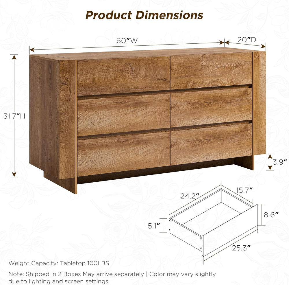 OKD 60" Modern 6 Drawer Dresser for Bedroom, 20" Depth for More Sto...