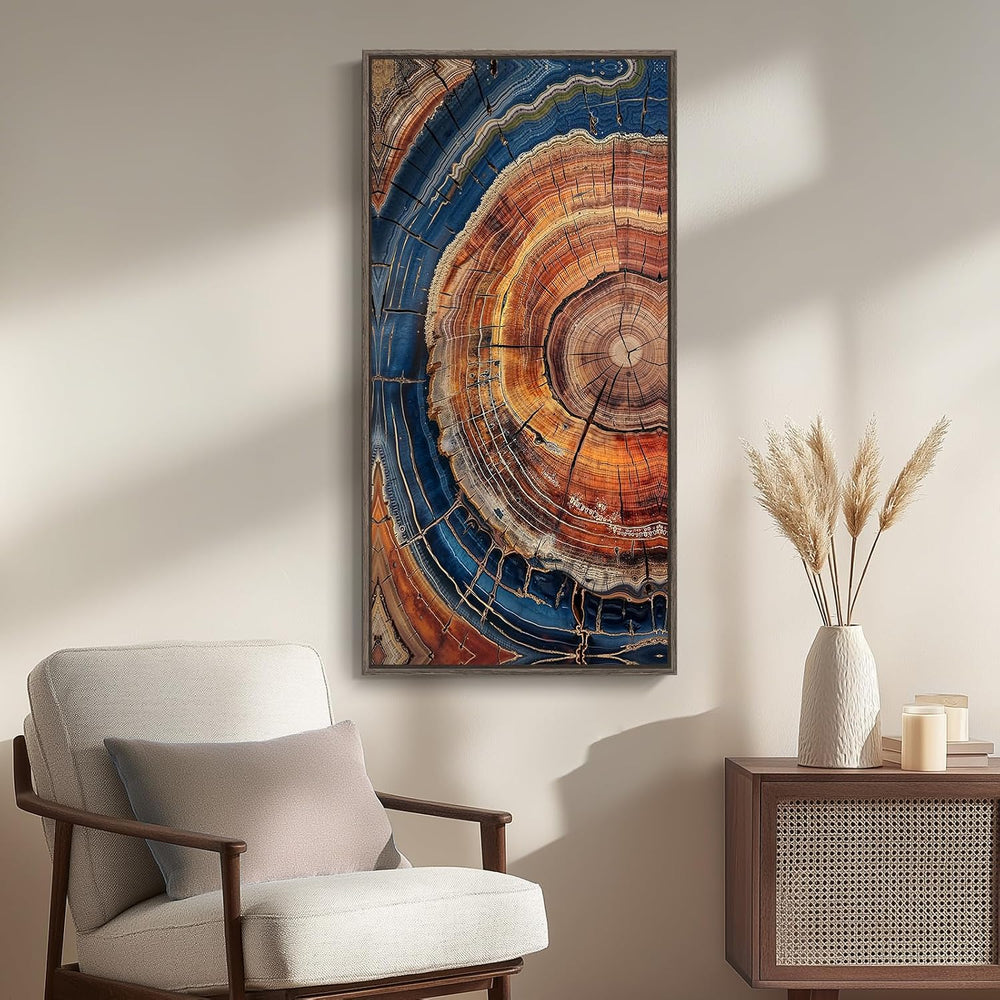Framed Vertical Vintage Rustic Tree Ring Wall Art for Living Room, 20x40 In