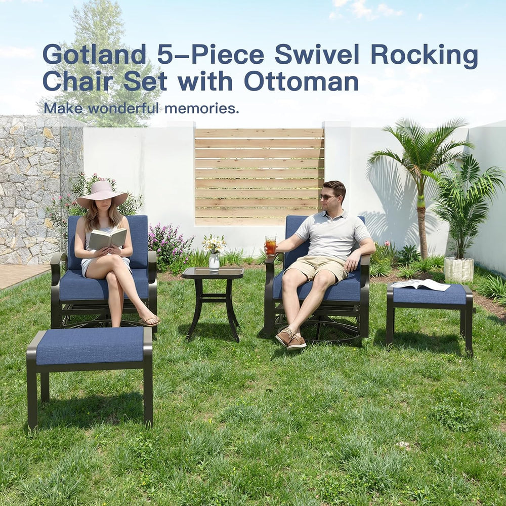 Gotland 5 Piece Patio Set, Aluminum Outdoor Swivel Chairs Set of 2 with 2 Ott...