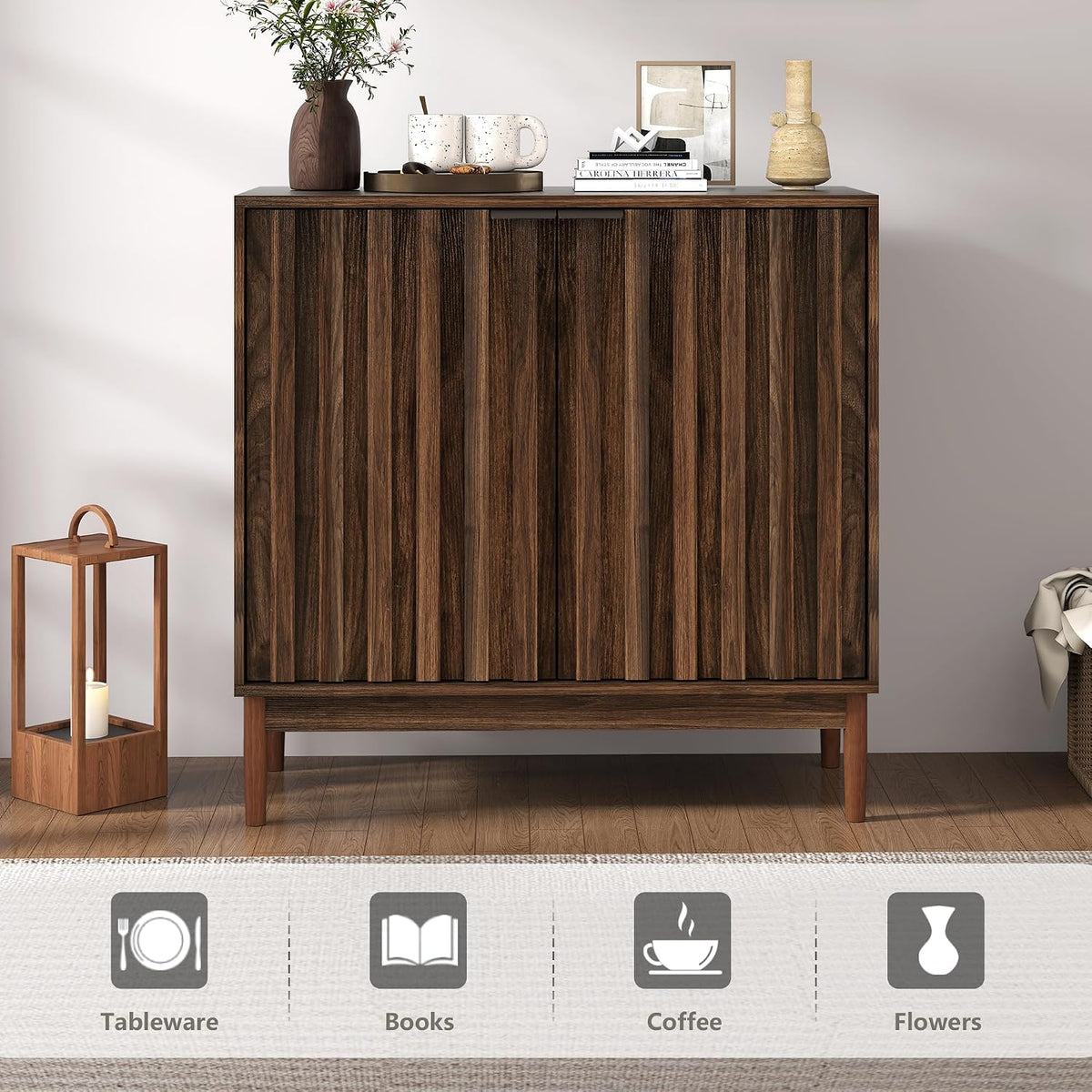 Otterease Fluted Buffet Cabinet with Storage, Small Accent Cabinets, Walnut