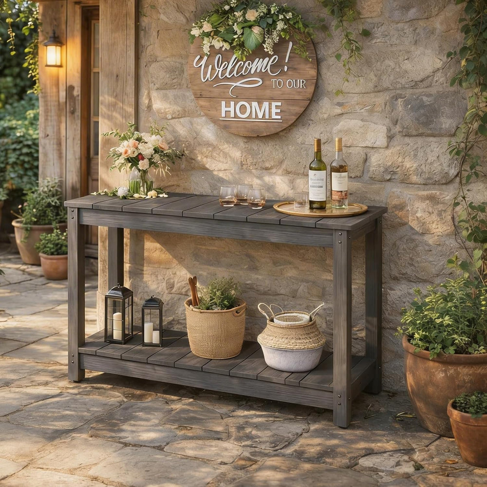 Stoog Outdoor Console Table, All-Weather 2-Tier Buffet Bar Table, Grey
