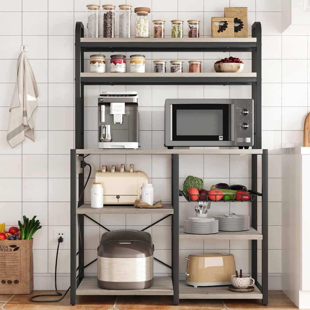 IDEALHOUSE Bakers Rack with Power Outlet, Coffee Bar with Wire Drawer, Indust...