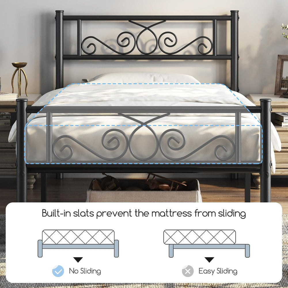 Yaheetech Twin XL Metal Bed Frame with Scroll Headboard and Footboard Black