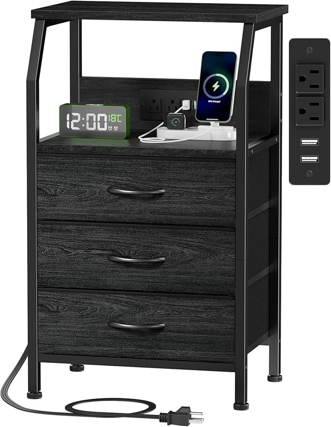 Furnulem Night Stand with Charging Station, 28.3 Inch Tall Side Table with Fabric Drawers and Storage Shelf, Bedside Table with USB Ports & Outlets, Nightstand for Bedroom, 3 Ways to Use, Black Oak