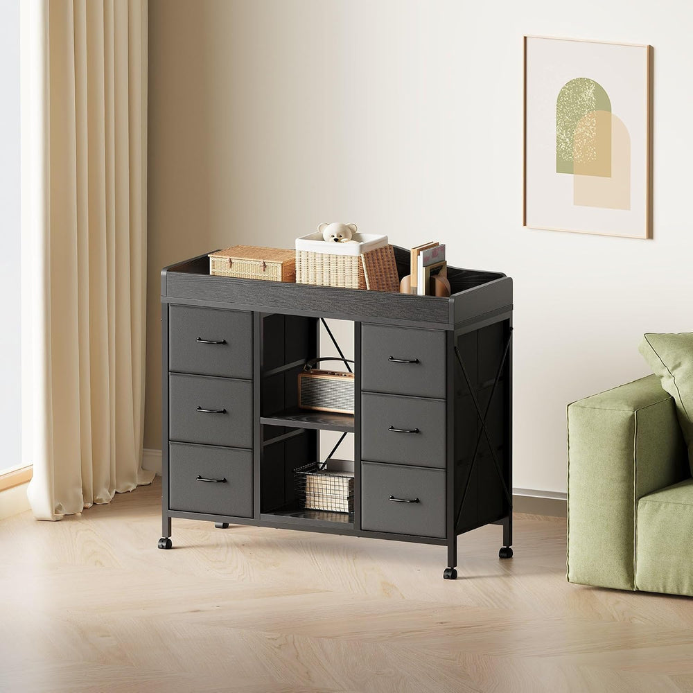 YeTom Changing Table, 6-Drawer Dresser, Adjustable Shelves, Mobile, Black