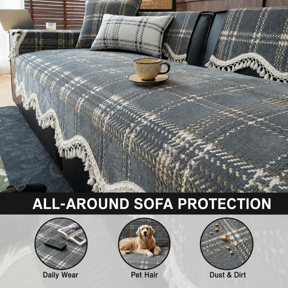 VOGOL Plaid Chenille Sofa Pad, Non Slip Couch Cover, 27 x 70, Light Gray