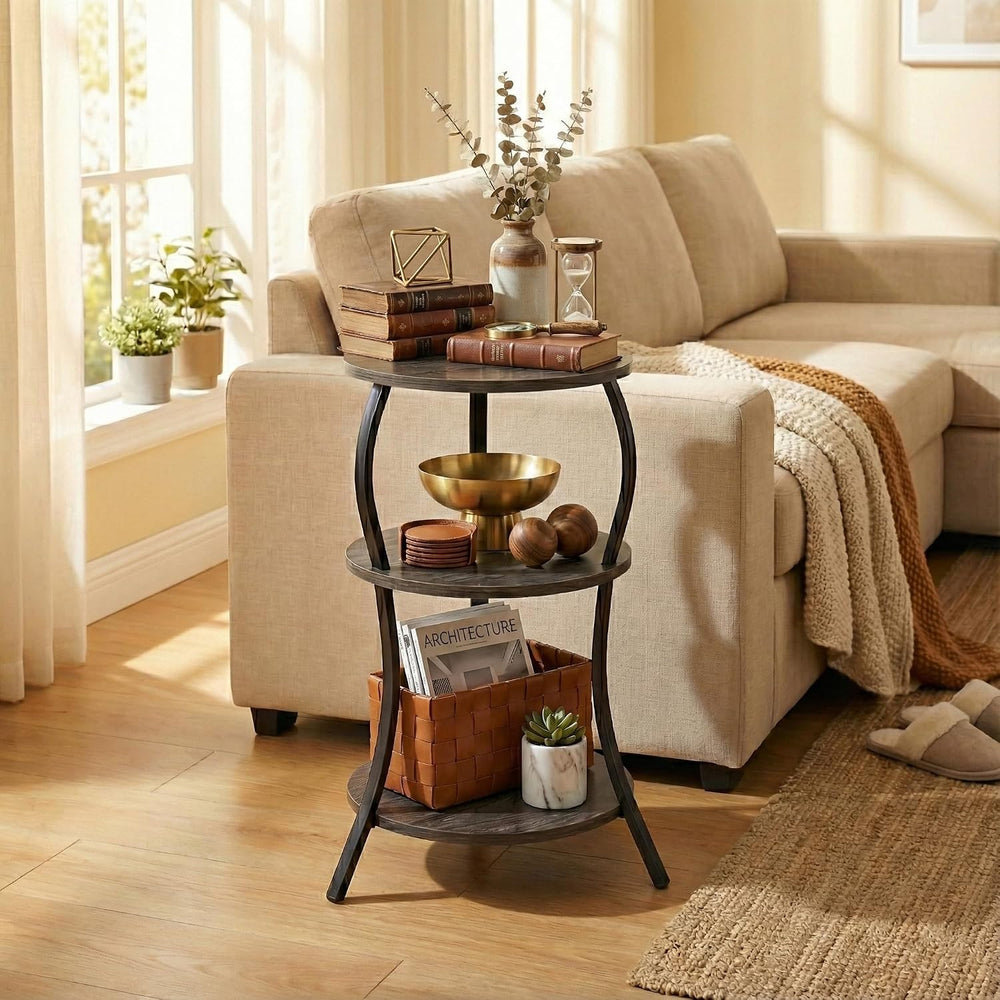 YEAKOO Vintage 3 Tier Small Round Side Table for Small Spaces,Grey