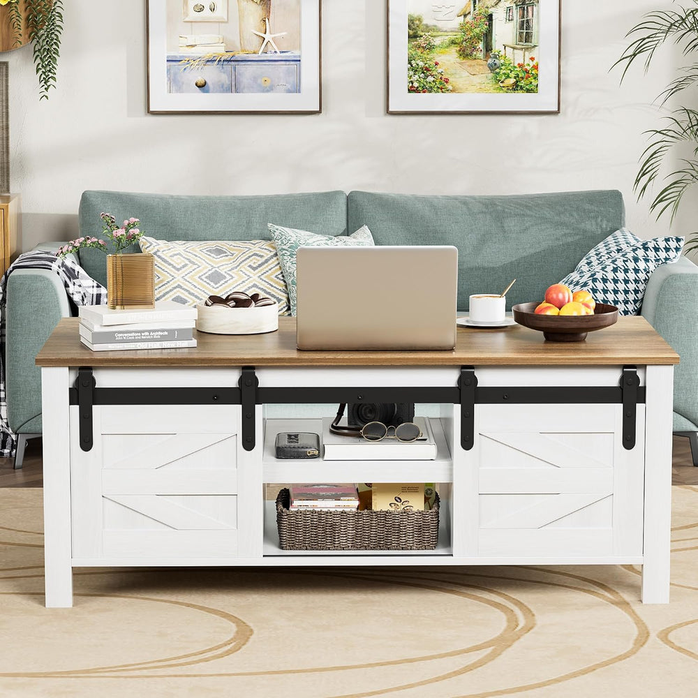 JUMMICO Farmhouse Coffee Table with Storage & Sliding Barn Doors, Modern ...