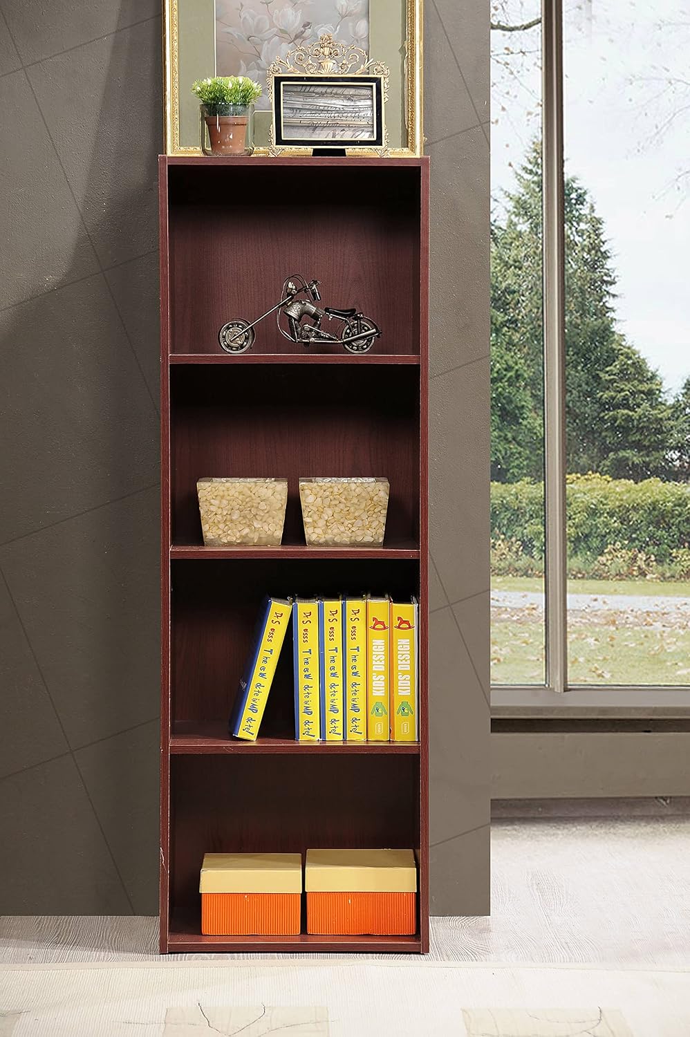 hodedah 4-shelf bookcase in mahogany, close-up detail
