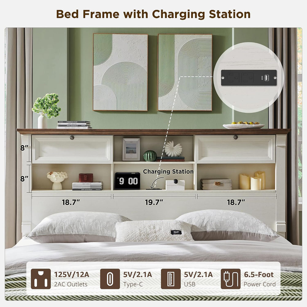 Wood Queen Size Bed Frame with 54" Tall Storage Headboard Charging Station
