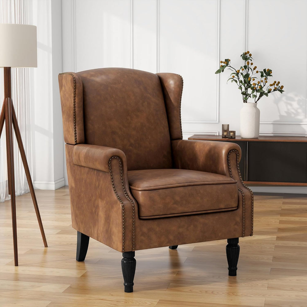High Back Accent Chairs Set of 2, PU Leather Wingback Armchair, Brown