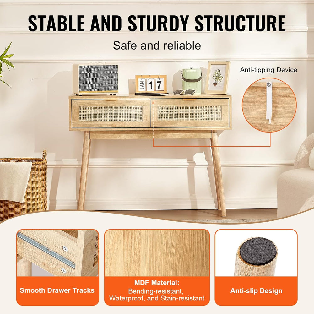 VEVOR Rattan Console Table with 2 Storage Drawers, Rattan Entryway Table with...