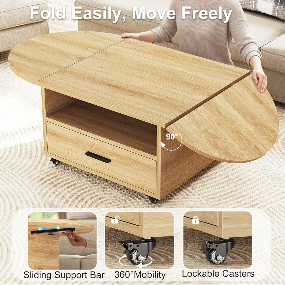 IBF 47" Foldable Coffee Table for Living Room with Wheels and Drawer, Oak