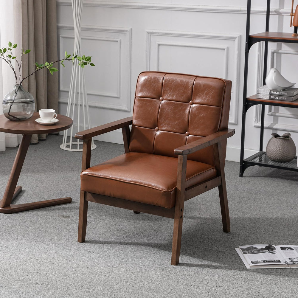 Okeysen Mid Century Modern Accent Chair, Retro Wood Leather Armchairs Side Ch...