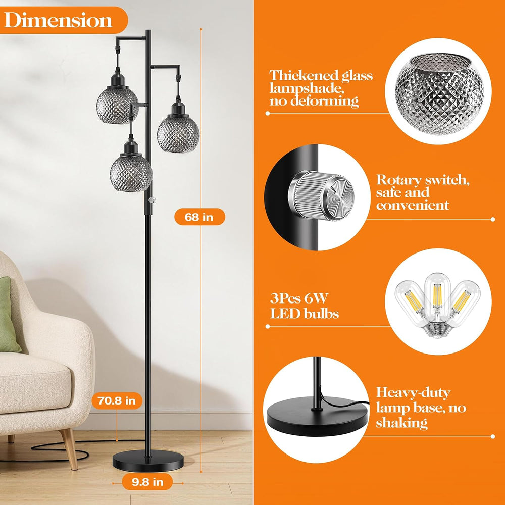 QiMH Modern Glass Floor Lamps for Living Room, 3 Lights Standing Lamp, Grey
