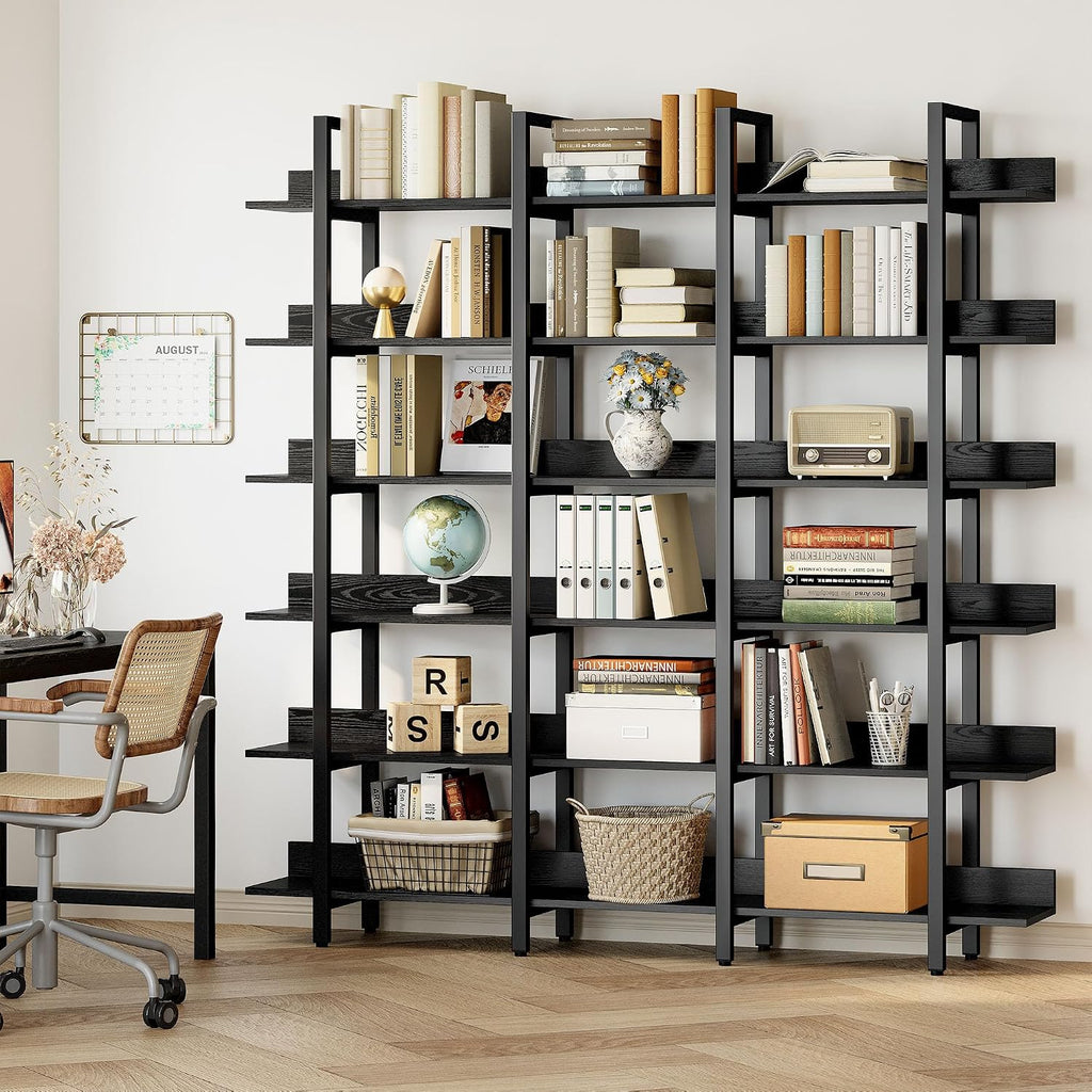 IRONCK Book Shelf Triple Wide Bookshelves 6 Tiers with Back Fence