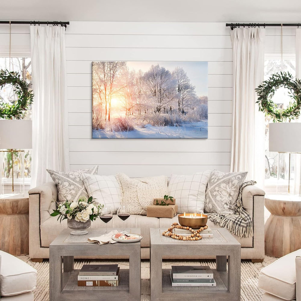 SEVEN WALL ARTS Winter Tree Canvas Wall Art Snow Covered Winter Forest Sunris...