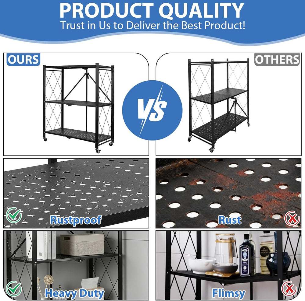 3-Tier Foldable Storage Shelf with Wheels, Metal Collapsible Shelving Unit, R...