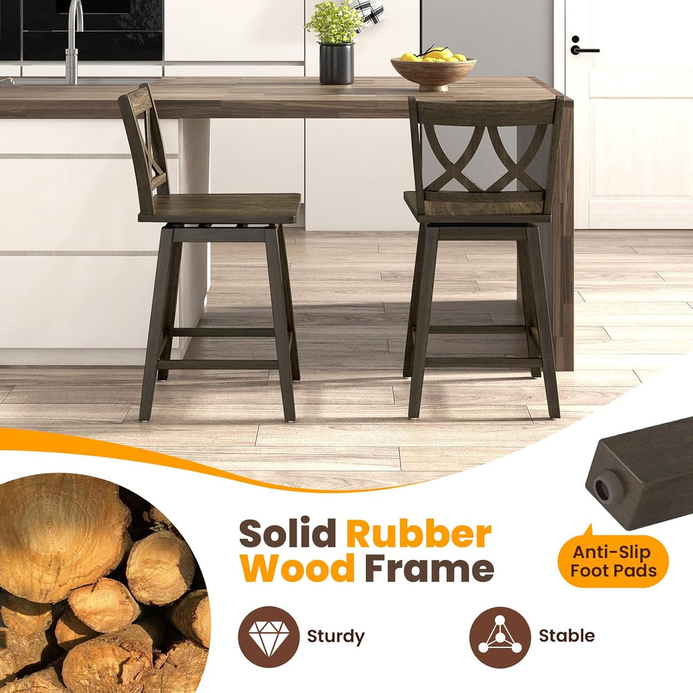 GIANTEX 24" Bar Stools Set of 2, Swivel Wooden Bar Chairs with Rubber Wo...