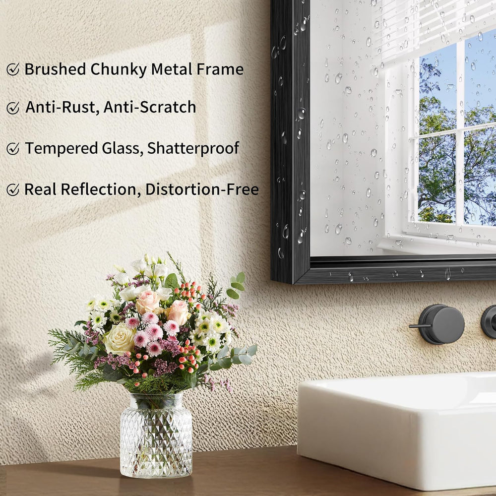 CIRCUMI 18"x24" Brushed Black Bathroom Mirror, Rectangular Vanity M...