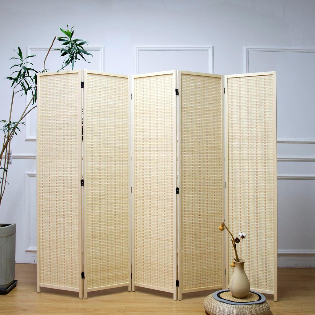 Furnnylane 5 Panel Bamboo Room Divider – 5.6 ft Tall Folding Privacy Screen, Natural Beige Freestanding Room Partition Wall for Home Office (67" x 76.75", 5-Panel)