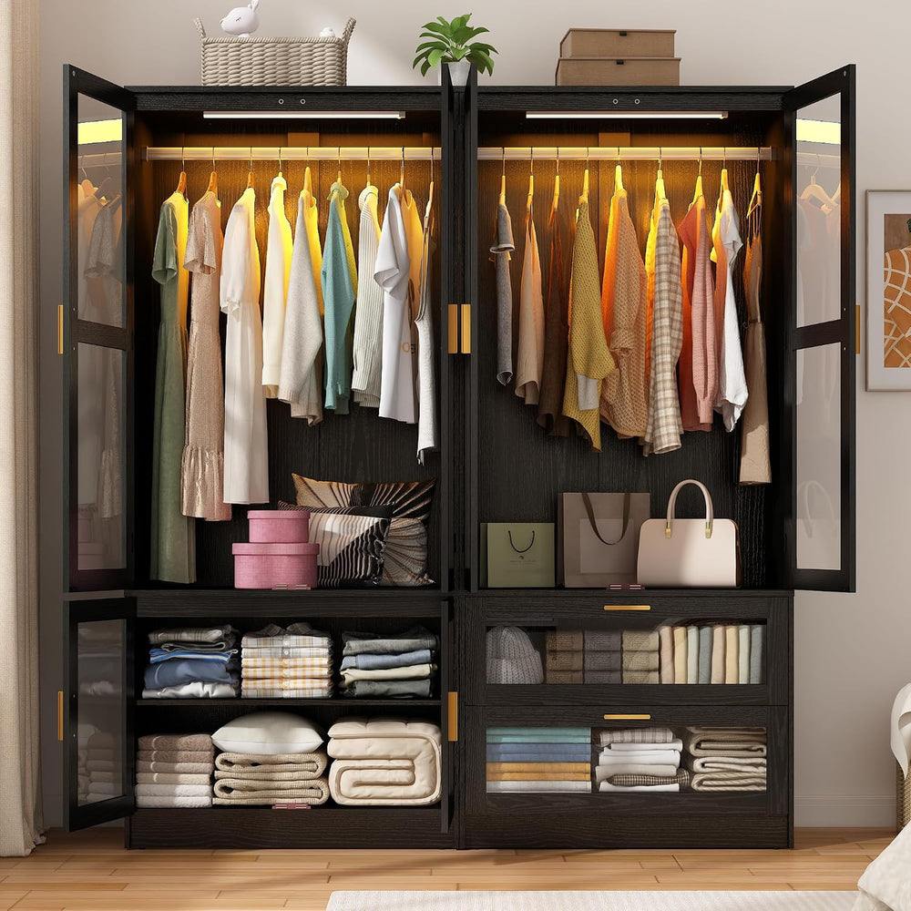 4 Doors Armoire Wardrobe Closet with LED and Mirror,71" H Freestanding W...