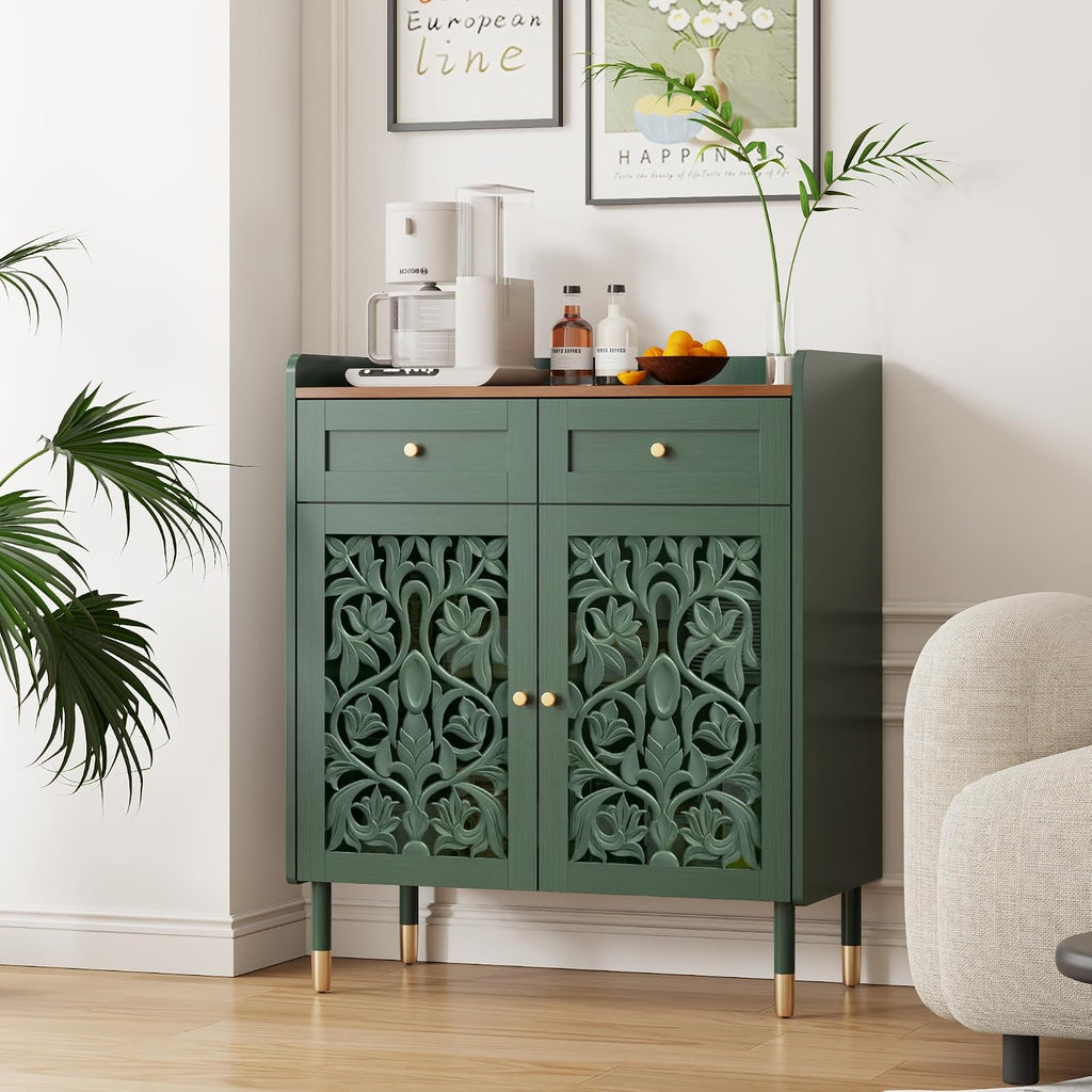 3More 2 Door Retro Carving Sideboard Buffet Cabinet with 1 Drawer, Green