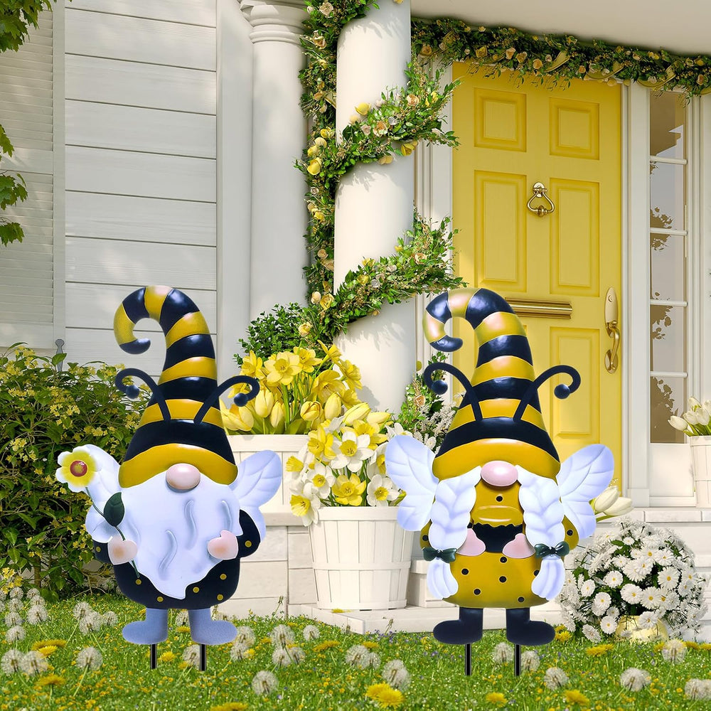 Cinnvoice 3 Pcs Metal Gnome Yard Stakes Bee Spring Garden Decor 25.4"