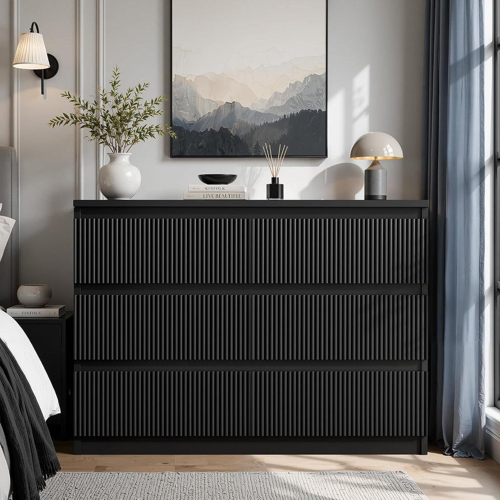 Jocoevol 6 Drawer Fluted Dresser, Modern Chest of Drawers for Bedroom with Hidden Handles, Wood Storage Organizer Cabinet for Living Room & Entryway, Black (15.7" D x 47.3" W x 31.6" H)