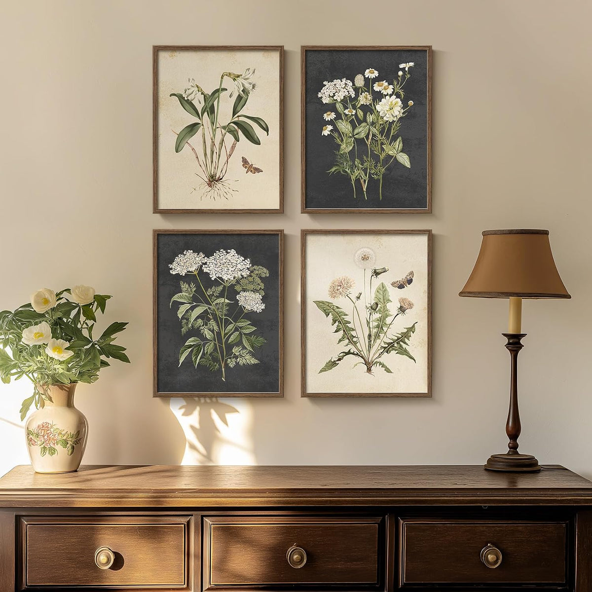 Framed Vintage Botanical Floral Wall Art for Bathroom, 4 Piece 8x10 In