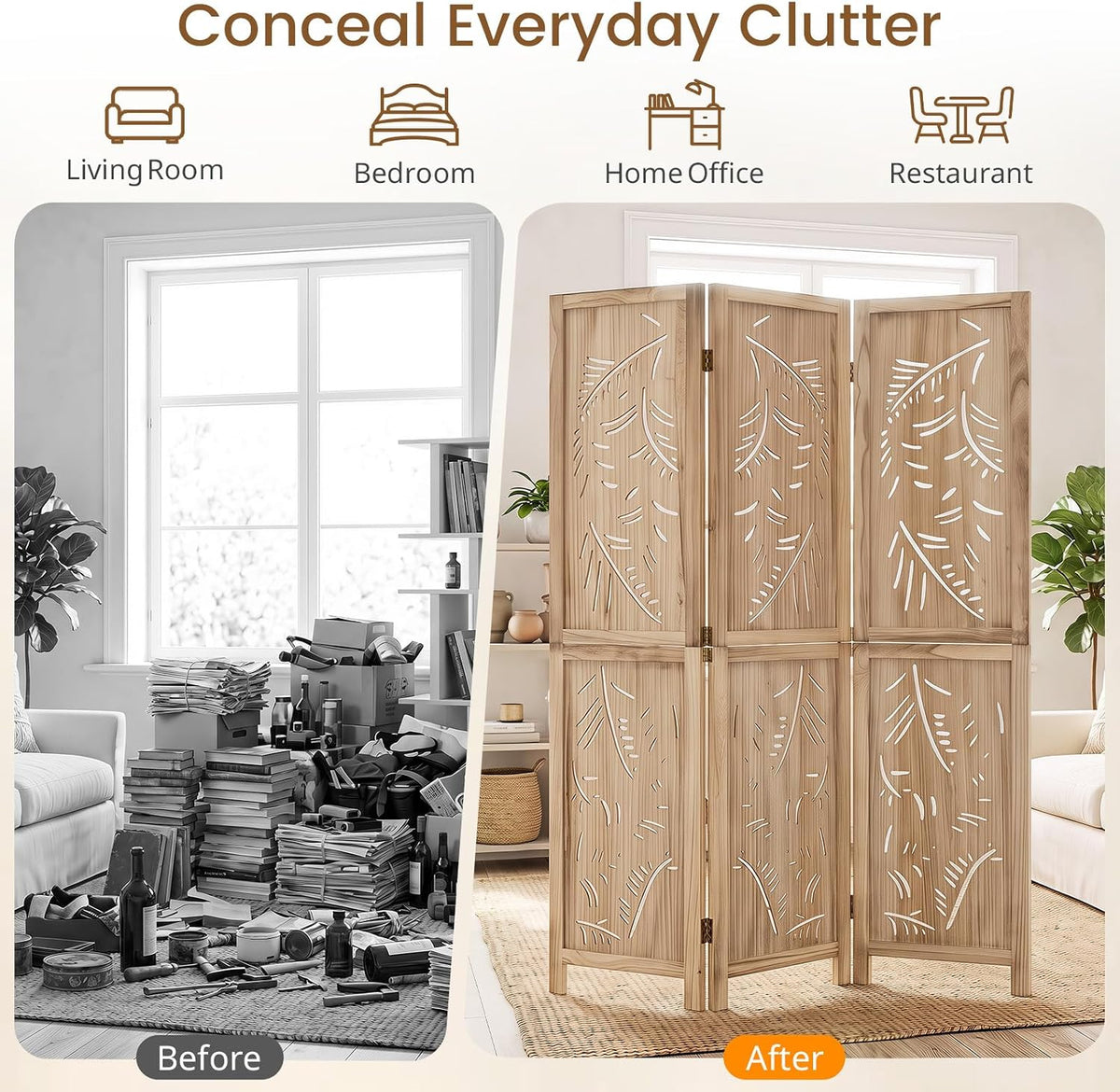 GIANTEX 3 Panel Boho Room Divider with Carved Palm Leaf Pattern, Natural